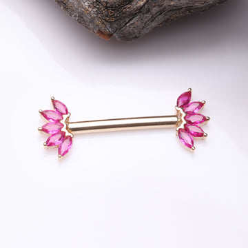 Detail View 1 of A Pair of 14 Karat Gold OneFit Threadless Marquise Sparkle Floral Nipple Barbell-Red
